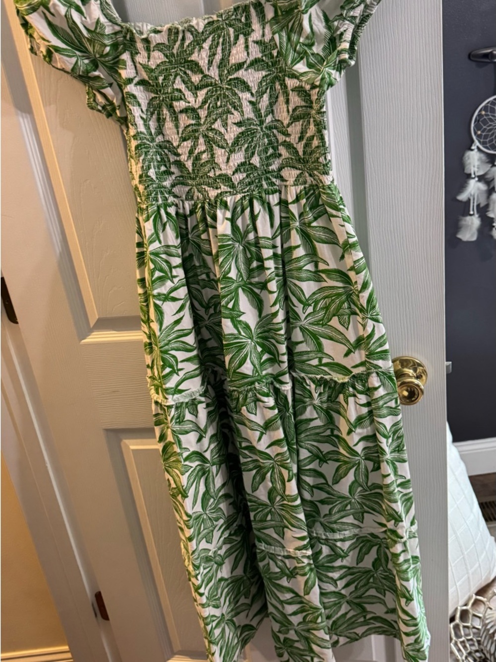 Joie Cream and Green Leaf Print Smocked Dress